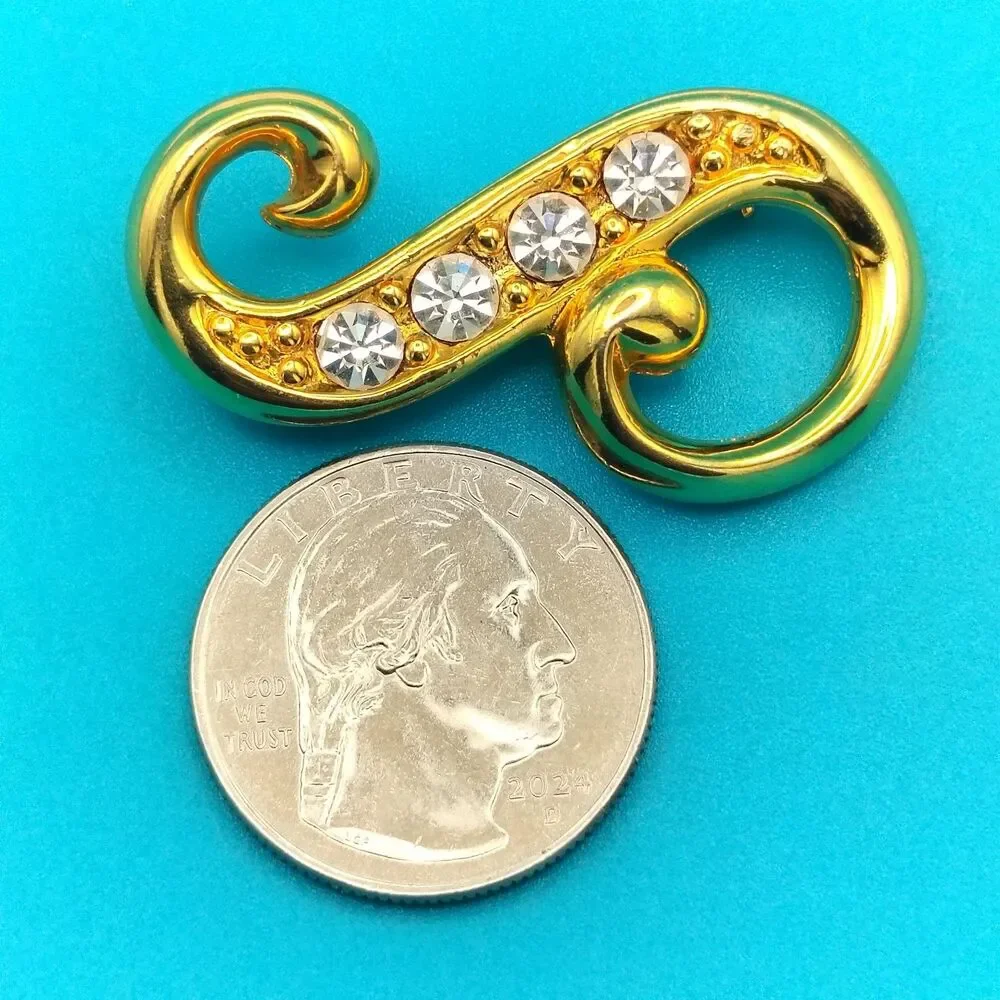 Gold Tone Swirl Rhinestone Brooch Pin Jewelry
